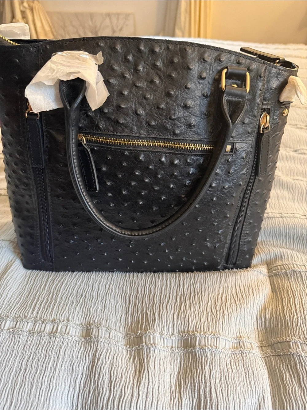 Gun Tote’n Mamas Black Ostrich-Texture Tote Bag Top Grain Leather NWT